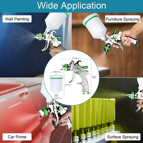 Hvlp Gravity Feed Paint Sprayer Gun Featuring 1.4mm Tip Plus Replaceable 1.7mm And 2.0mm Nozzles in action for wall painting and furniture spraying.