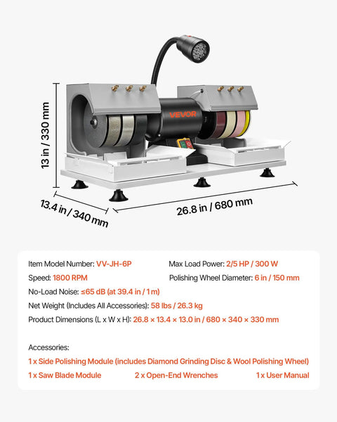 Cabbing Machine With Pro Grade Six Inch Diamond Wheels For Gemstone Grinding And Polishing, 2/5 HP, 1800 RPM setup