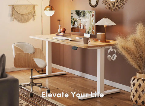 Fezibo Electric Height Adjustable Standing Desk 48 X 24 Inches Sit Stand Workstation with solid maple finish in home office.