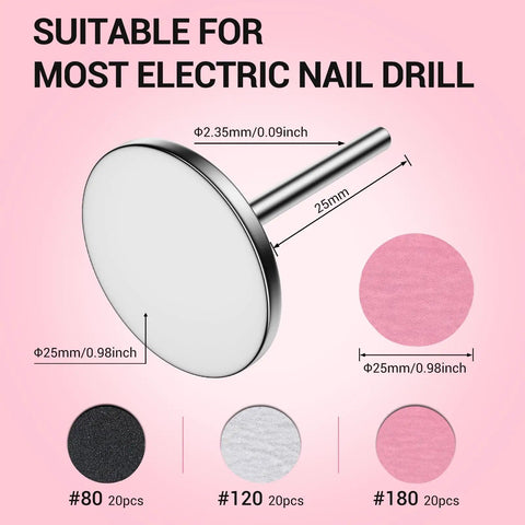 60 Pcs Replacement Sandpaper Discs With 25mm Metal Mandrel Bit For Electric Foot File And Nail Drill, showing 25mm disc sizes.