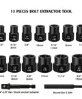 13 Piece Impact Bolt And Nut Remover Set with hex adapters, featuring metric and SAE sizes from one quarter to five eighths inch.