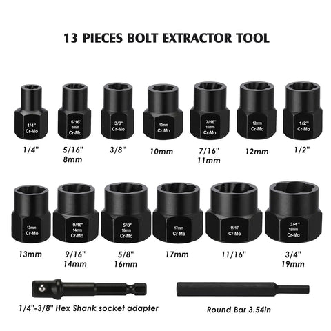 13 Piece Impact Bolt And Nut Remover Set with hex adapters, featuring metric and SAE sizes from one quarter to five eighths inch.