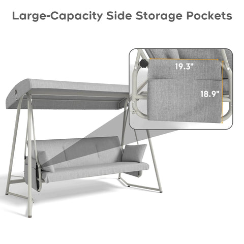 Oversized Outdoor Porch Swing Bed With Stand And Canopy Rain Cover Heavy Duty 3 Seat Bench Swing with side storage pockets