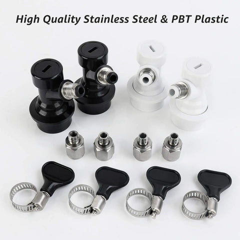 Two Pairs Ball Lock Disconnect Kit With MFL Quick Disconnect Swivel Nuts For Easy Hose Swaps Includes 5/16 Inch Gas And 1/4 Inch Liquid Barb Fittings For Your Homebrew Kegging Setup black and white plastic and stainless steel fittings