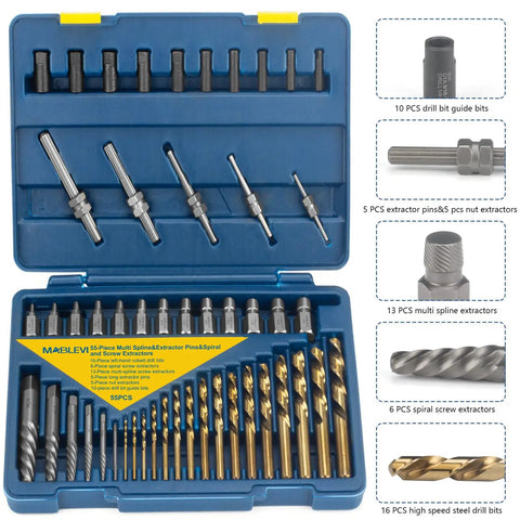 55 Piece Screw Extractor Set For Stripped Screws And Broken Bolts With Multi Spline And Spiral Extractors, open blue case view