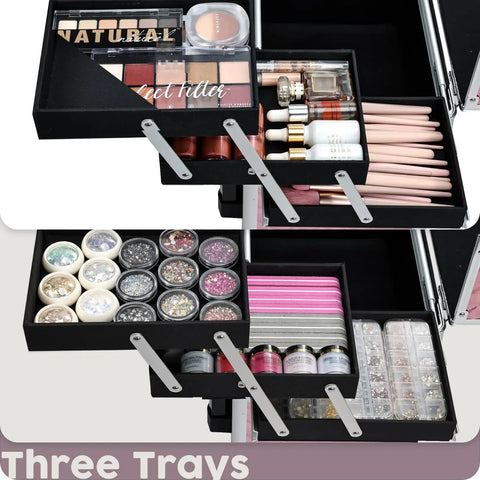 Rolling Makeup Case On Wheels With Drawer For Estheticians Manicurists And Mobile Stylists Durable Aluminum Trolley Glitter Pink Travel Cosmetic Case With Sliding Drawer And Ample Storage showing open trays filled with makeup items and tools.