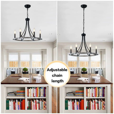 Farmhouse Wagon Wheel Chandelier With 6 Rustic Edison Style Lights Round Pendant Ceiling Light Fixture over kitchen island with adjustable chain