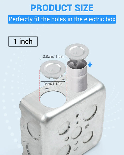 Heavy Duty 12 Pack 1 Inch Knockout Plugs Secure Electrical Box Seals Block Dust And Moisture Intrusion Built Tight Weather Proof Conduit Covers Job Site Tough showing size specifications.