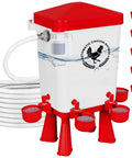 Super Easy Setup 3 Gallon Automatic Chicken Waterer With 10 Spill Proof Cup Stations And Sturdy Stand Legs For Hens Ducks And Poultry Coops. Red tank with water cups.