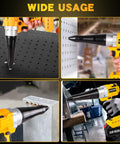 Brushless Electric Rivet Gun Compatible With Dewalt 20V Battery For Seamless Metal Joining Tasks Includes Three Sizes Of Pop Rivets And Bright LED Light used on metal surfaces for automotive repairs.