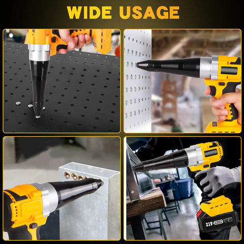 Brushless Electric Rivet Gun Compatible With Dewalt 20V Battery For Seamless Metal Joining Tasks Includes Three Sizes Of Pop Rivets And Bright LED Light used on metal surfaces for automotive repairs.