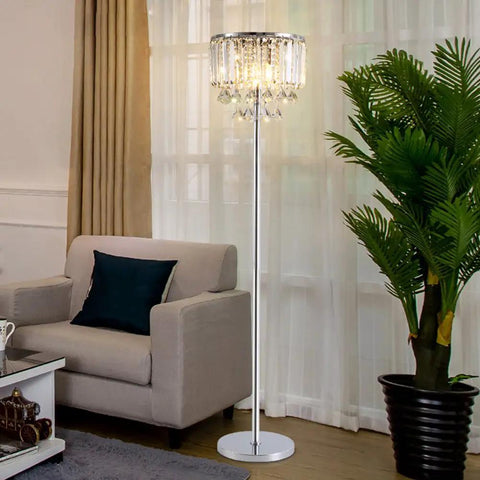 Cozy Elegant Modern Crystal Floor Lamp With Chrome Finish, 59 Inch Tall, Three Lights Lit Crystal Column Lamp For Living Room, Bedroom Or Office, Handpicked Crystal, High Light Transmittance, Easy Assembly