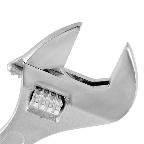 Close-up of Must Have 15 Inch Adjustable Wrench Set With Wide Jaw, Heavy Duty Crescent Tools, Forged Steel Chrome Plated head