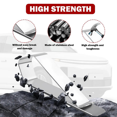 Stainless Steel Car Visor Photo Clip high strength and durability, shown with rocks and hammer in front of a car.