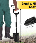 Man holding 31-inch black Compact Garden Shovel For Digging And Camping 31 Inch Small Shovel With Ergonomic Curved D Handle Heavy Duty Mini Spade For Gardening Beach Sand Car Trunk Portable And Easy To Store Handy Go To Tool, wearing green overalls and boots.