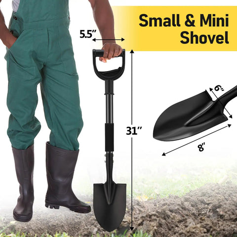 Man holding 31-inch black Compact Garden Shovel For Digging And Camping 31 Inch Small Shovel With Ergonomic Curved D Handle Heavy Duty Mini Spade For Gardening Beach Sand Car Trunk Portable And Easy To Store Handy Go To Tool, wearing green overalls and boots.