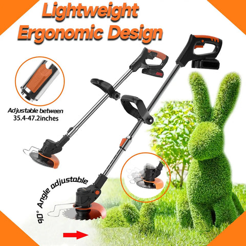 Cordless Weed Wacker with Dual 21V 2000mAh Batteries, adjustable, lightweight design, shown cutting grass with ergonomic handle.