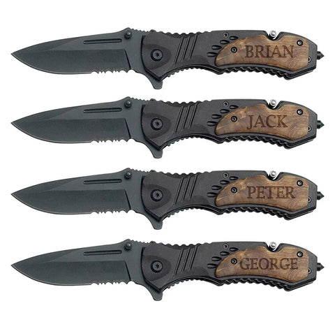 Personalized Groomsmen Pocket Knife Gift For Best Man And Groom with engraved names on folding knives