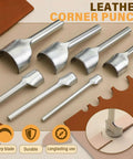 7 Piece Leather Corner Punch Set With Half Depth Round Cutters From 0.39 To 1.57 Inches For Belts Wallets Bags Straps And DIY Leathercraft Projects Sharp Durable Cutting Tools displayed on table