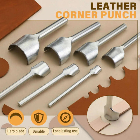 7 Piece Leather Corner Punch Set With Half Depth Round Cutters From 0.39 To 1.57 Inches For Belts Wallets Bags Straps And DIY Leathercraft Projects Sharp Durable Cutting Tools displayed on table