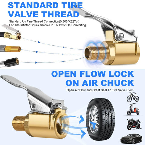 Locking Tire Air Chuck Set With Brass Inflation Hose Adapter And Valve Thread Converts Unscrewed To Locking Connection No Air Leakage On Air Compressor Pump Clip Durable High Quality Tire Tool For Quick Secure Inflation.