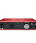 Front view of Scarlett 8i6 Third Gen USB Audio Interface showing control knobs and inputs for recording, songwriting, and streaming.