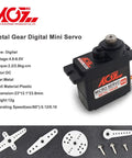 Two Pack 9g Micro RC Servo Motors, Digital Metal Gear, shown with accessories for RC Helicopter, Airplane, Car control