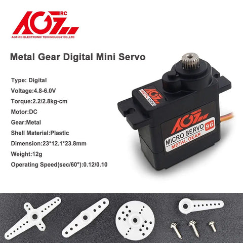 Two Pack 9g Micro RC Servo Motors, Digital Metal Gear, shown with accessories for RC Helicopter, Airplane, Car control