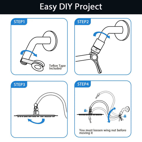 Installation steps for 12 Inch Rain Shower Head With 16 Inch Adjustable Extension Arm 304 Stainless Steel High Pressure Rainfall