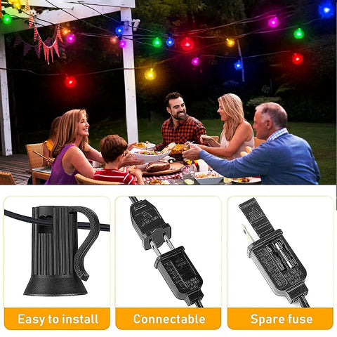 Family enjoying dinner under multicolor outdoor string lights 25 feet with 27 LED bulbs waterproof patio decor for parties