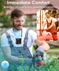 Man using Hands Free Belt Clip Personal Fan With 4 In 1 Cooling Waist Neck Desk And Handheld, Turbo Airflow at 16000RPM while gardening.