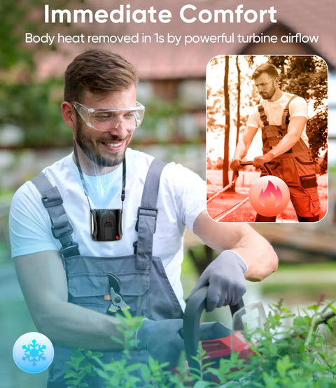 Man using Hands Free Belt Clip Personal Fan With 4 In 1 Cooling Waist Neck Desk And Handheld, Turbo Airflow at 16000RPM while gardening.