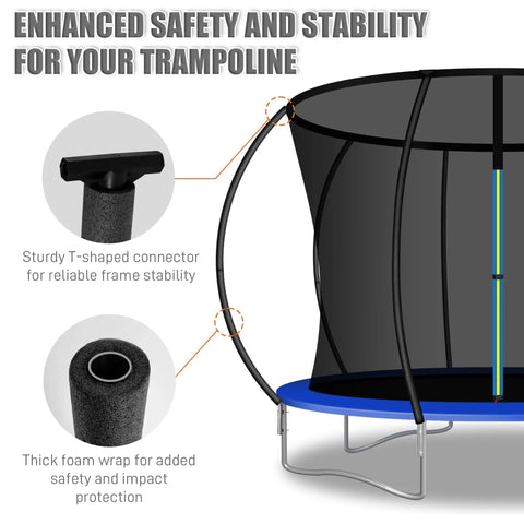 Pro Grade Curved Trampoline Replacement Poles Helluva Durable Universal Fit For 8 To 16 Ft Frames showing T-shaped connector and foam wrap for safety.