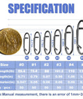 Heavy Duty Fishing Power Clips Hefty Pack Of Fifty Quick Release Split Rings And Snaps Stainless Steel Rust Proof specifications with coin for size reference.