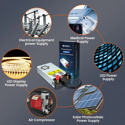 110V AC To 12V DC Converter With On Off Switch, Pure Copper Terminals, Heavy Duty 50A 600W Power Supply with usage diagram.