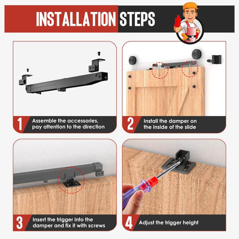 Installation steps for No-Drill Sliding Barn Door Soft Close Kit with tool-free install and adjustable stopper for 88-132 lbs.