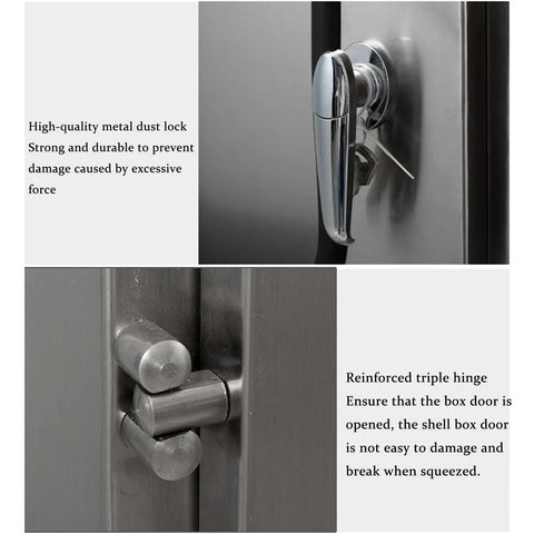 Close-up of Stainless Steel Outdoor Weatherproof Electrical Junction Box lock and hinge details.