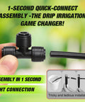 Close-up of hands connecting Push To Connect 1/4 Inch Tee Irrigation Fittings, 24 Pack as drip irrigation connectors.