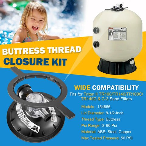 Eight Point Five Inch Black Buttress Thread Closure Kit Leak Free Replacement For Triton II TR100 TR140 TR100C TR140C And Triton C Three Pool And Spa Sand Filters Includes Air Relief Valve PSI Gauge Lid Wrench And O Rings black lid and gauge