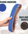 Top Shelf 2 X 42 Sanding Belts 120 Grit Zirconia Aluminum Replacement Rolls held in hand, showcasing blue zirconia and hard cloth materials.