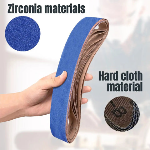 Top Shelf 2 X 42 Sanding Belts 120 Grit Zirconia Aluminum Replacement Rolls held in hand, showcasing blue zirconia and hard cloth materials.