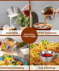 Four uses of Two Pack Stainless Steel Espresso Cups With Handle, Double Spout Measuring Cup With Dual Scale, V Shaped Mouth, 3.4oz 100ml, Black Coffee Shot Cups For Easy Pouring And Mess Free Espresso Shots shown with milk, espresso, salad dressing, and ketchup.