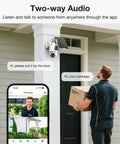 Dual Lens Solar Wireless Outdoor Security Cameras No Blind Spots With 2K Full HD Video And 360 Degree Pan Tilt Color Night Vision Easy Install PIR Motion Alarm 2.4GHz WiFi Ready mounted on porch with delivery person and app screen