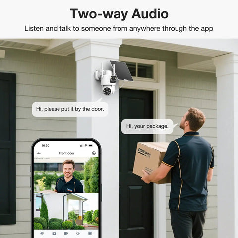 Dual Lens Solar Wireless Outdoor Security Cameras No Blind Spots With 2K Full HD Video And 360 Degree Pan Tilt Color Night Vision Easy Install PIR Motion Alarm 2.4GHz WiFi Ready mounted on porch with delivery person and app screen