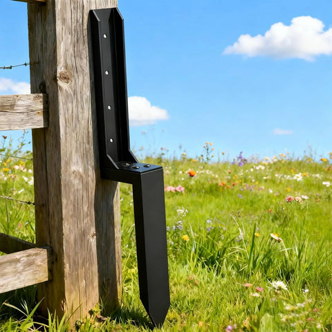Heavy Duty Fence Post Repair Kit 2 Pack With 32 Inch Anchor Stakes And Galvanized Screws For A Quick Fix Of Tilted Or Broken Wood Posts Includes Wrench And L Shaped Hex Key installed on wood post in field
