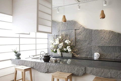 Kitchen with natural stone countertop protected by Premium Plus Stone Sealer Protector For Countertops Fights Stains On Natural Stone Marble And Granite With Built In Grime Guard Water Based Professional Grade Formula Easy Application Pint 16oz