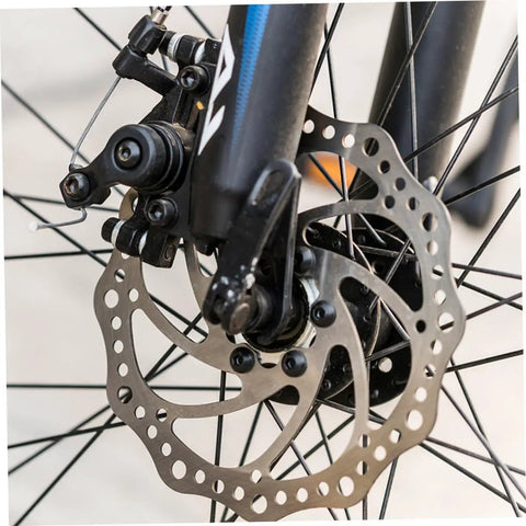 Close-up of Complete Mechanical Disc Brake Set For Mountain Bikes Featuring Front And Rear 160 Mm Silver Aluminum Rotors and calipers.