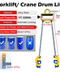 Heavy Duty Drum Lifter Clamp For Forklifts And Job Site Cranes Featuring Carbon Steel Chain with specs for lifting barrels.
