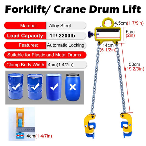 Heavy Duty Drum Lifter Clamp For Forklifts And Job Site Cranes Featuring Carbon Steel Chain with specs for lifting barrels.