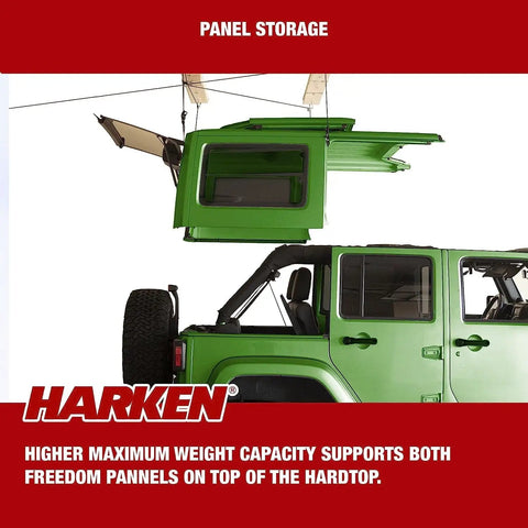 Overhead Truck Cap Garage Hoist With Self-Leveling Lift Safe Anti-Drop System One-Person Operation 12-Foot Ceiling Ready.